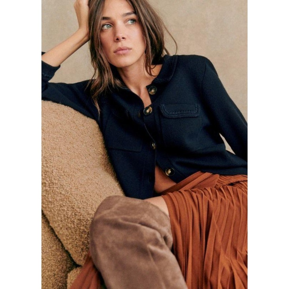 Sezane Betty Cardigan Dark Navy Blue Crochet Wool Size Medium